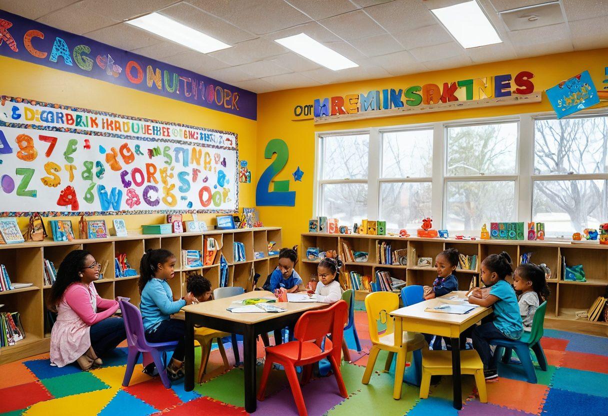 A whimsical classroom scene filled with diverse children actively engaging in hands-on learning activities, surrounded by colorful educational resources like books, toys, and art supplies. Brightly illustrated letters and numbers float around them, symbolizing early childhood education. The walls are adorned with inspiring artwork created by the children, creating a warm and inviting atmosphere. The image conveys joy, collaboration, and creativity in a learning environment. vibrant colors. super-realistic.