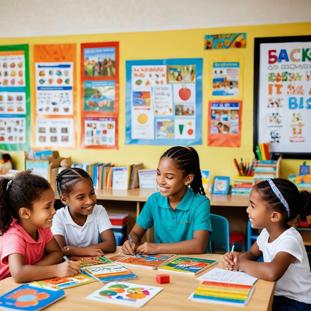 A colorful and interactive classroom scene depicting diverse children engaged in various educational activities, equipped with essential learning resources like books, educational toys, and art supplies. In the background, a caring teacher guides the children, showcasing strategies for effective learning. Bright educational posters adorn the walls, creating an inviting atmosphere. The vibe should be warm, inclusive, and playful to reflect the essence of early childhood education. vibrant colors. super-realistic.