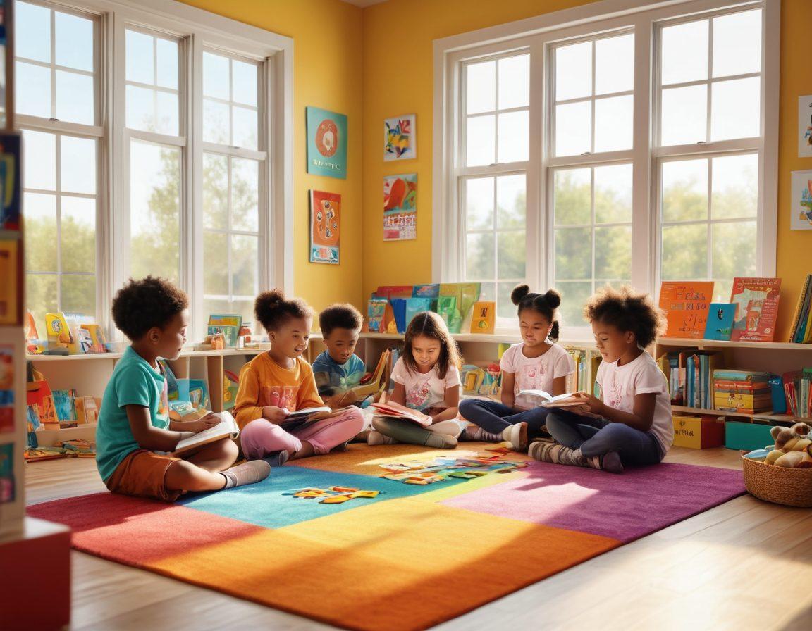 A vibrant classroom scene filled with children engaged in various interactive reading activities, surrounded by colorful books and educational toys. One child is reading aloud while others listen attentively, showcasing a mix of focus and joy. Bright posters on the walls depict letters and words that enhance literacy. Sunlight streams in through large windows, creating a warm and inviting atmosphere. super-realistic. vibrant colors. 3D.